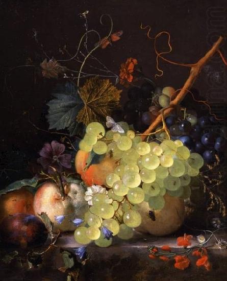 of grapes and a peach on a table top, Jan van Huijsum